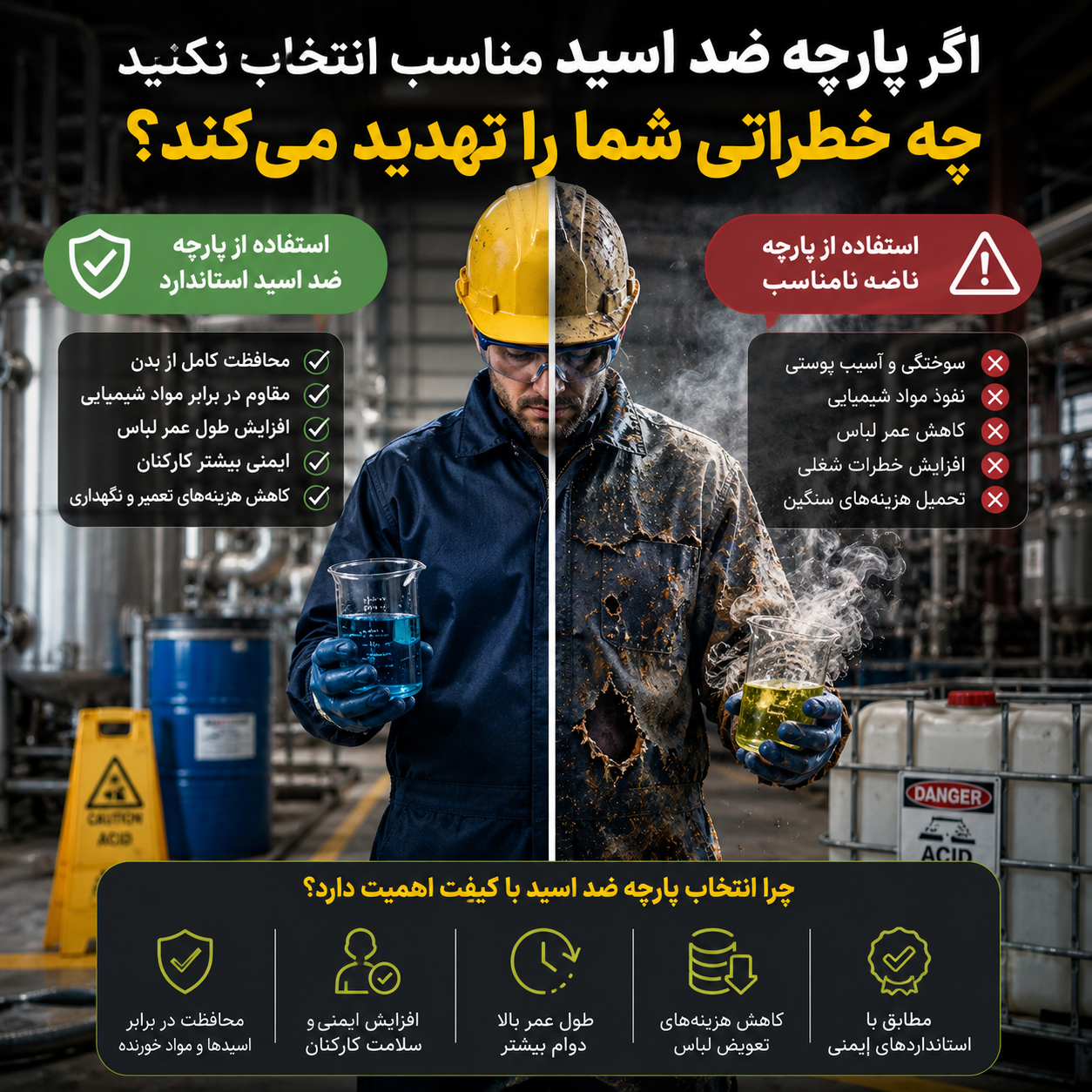 اگر از پارچه ضد اسید مناسب استفاده نکنید، چه خطراتی کارکنان صنایع شیمیایی را تهدید می‌کند؟