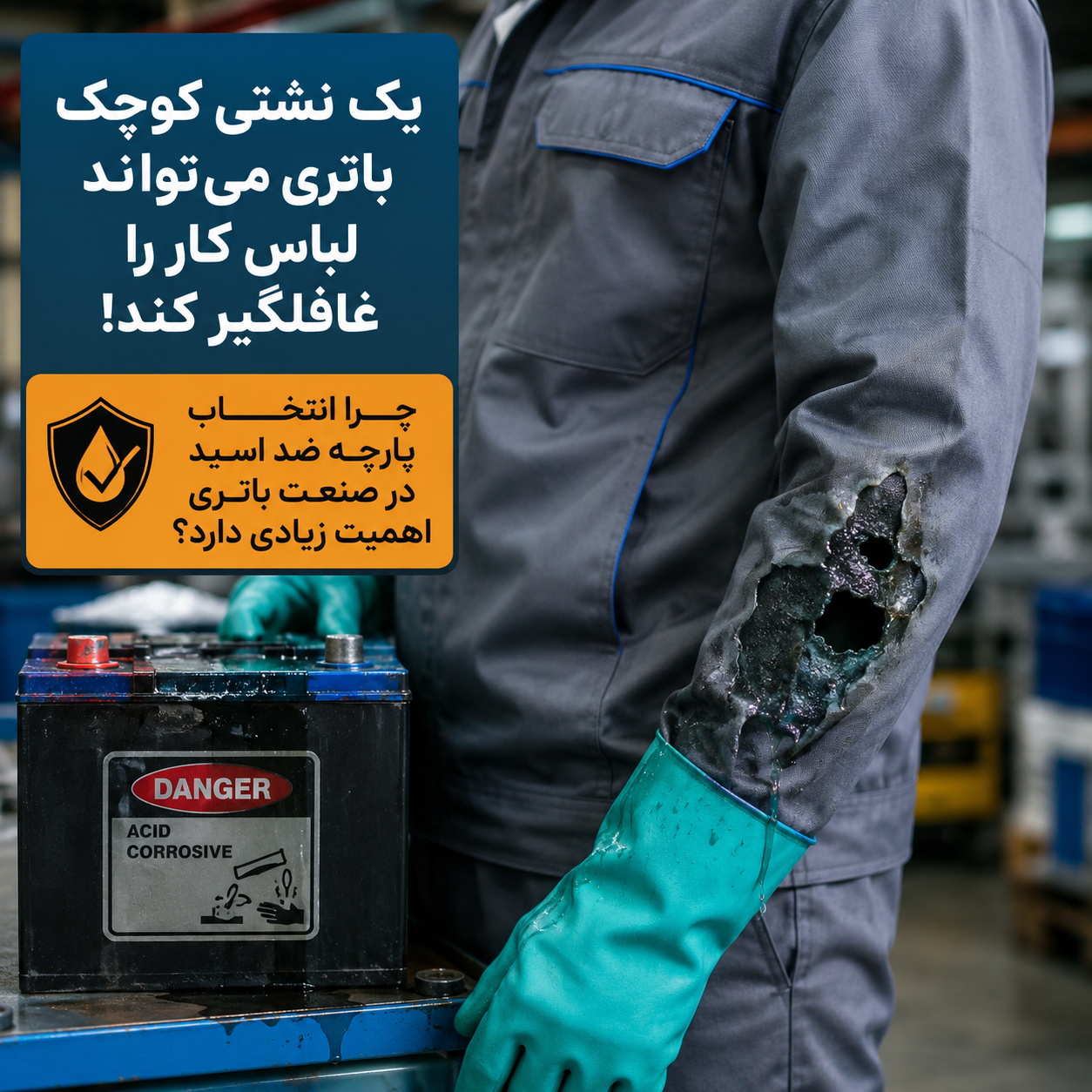 یک نشتی کوچک باتری می‌تواند لباس کار را غافلگیر کند! چرا انتخاب پارچه ضد اسید در صنعت باتری اهمیت زیادی دارد؟