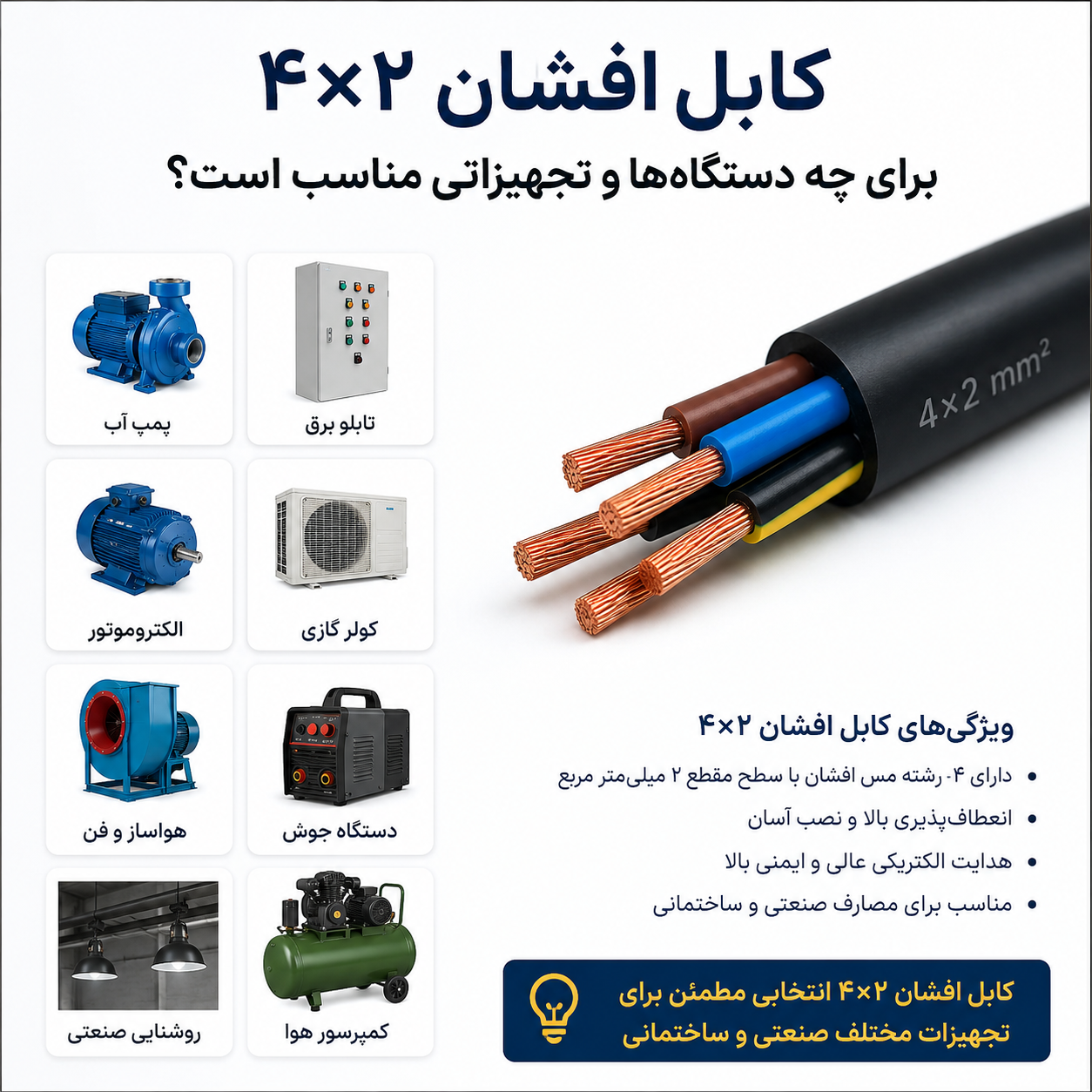 کابل افشان 4×2 برای چه دستگاه‌ها و تجهیزاتی مناسب است؟ بررسی کامل کاربردها و راهنمای خرید